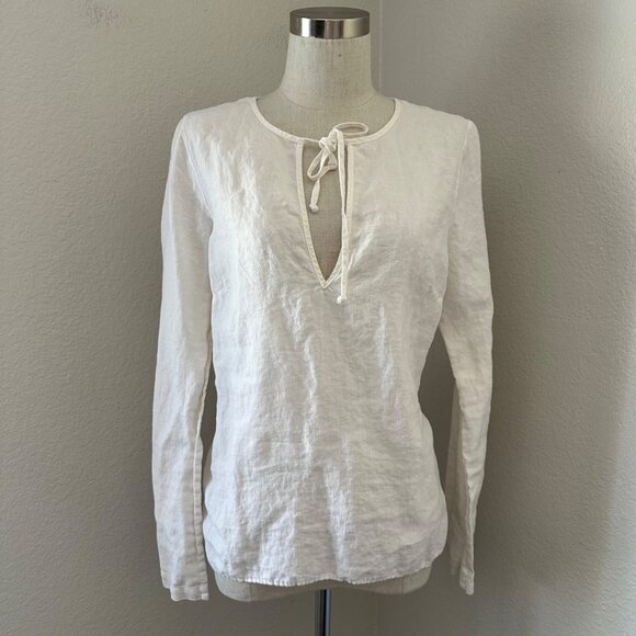 Juicy Couture Popover Linen Blouse Keyhole Tie Smocked White Minimalist Sz M - Picture 1 of 12